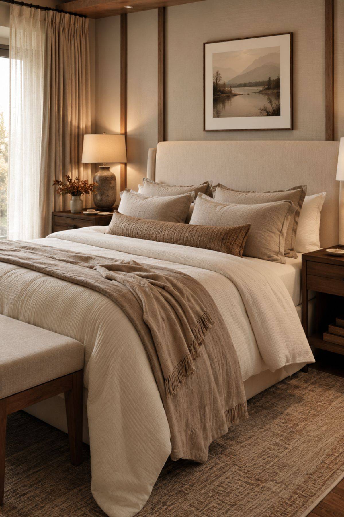 Warm luxury bedroom showing elevated styling with layered bedding, warm lighting and neutral decor