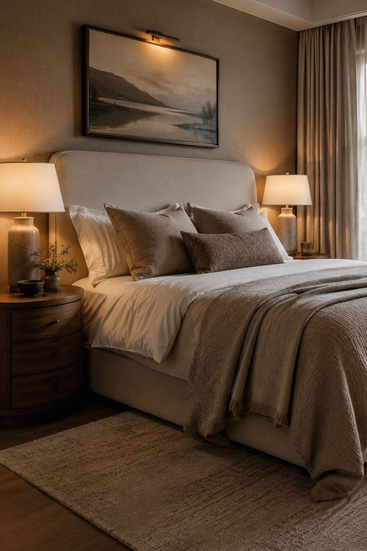 Hotel bedroom ideas with layered bedding, warm lighting and calm luxury styling