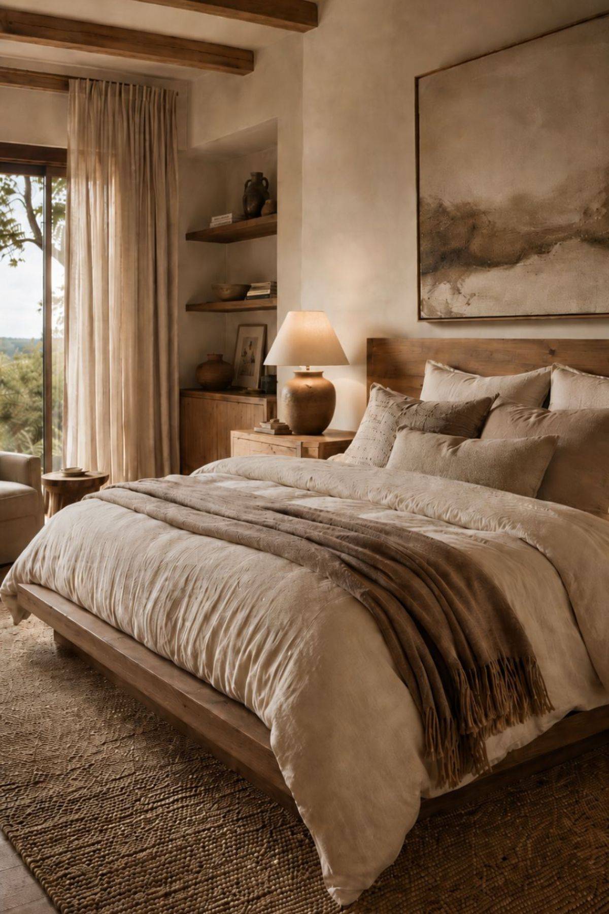 Neutral bedroom decor pieces styled in a warm luxury bedroom with natural textures and soft lighting