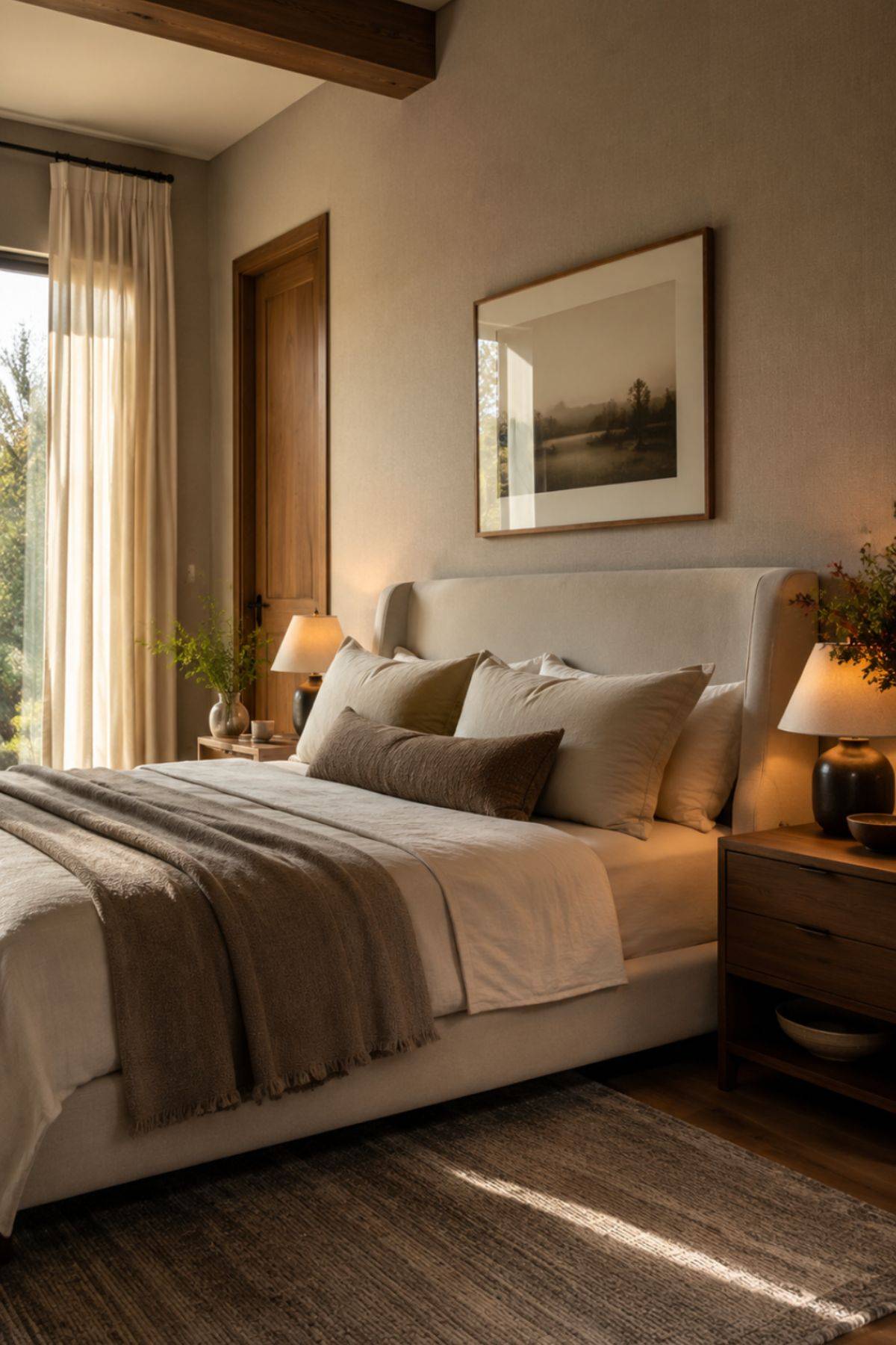 Warm luxury bedroom formula with layered bedding, soft lighting, neutral tones and natural textures