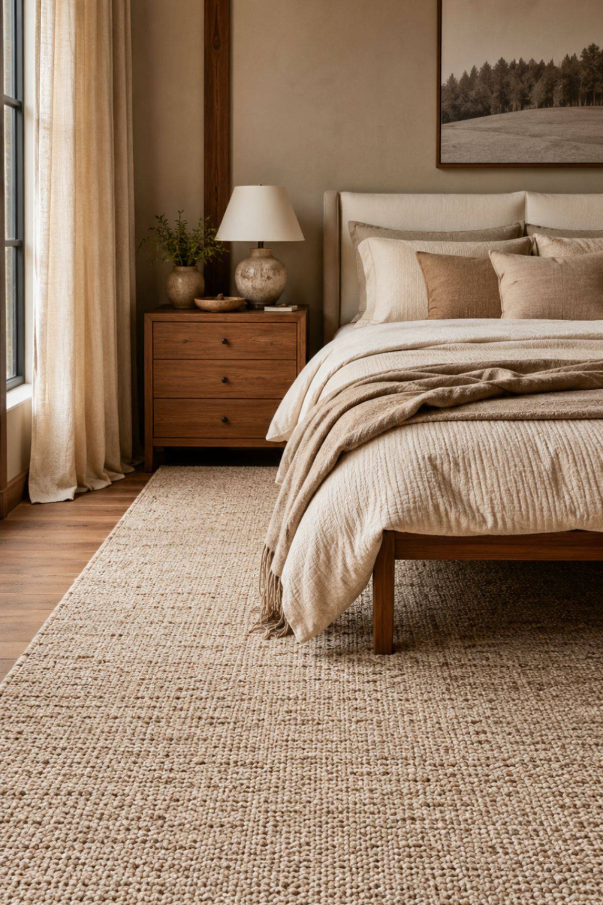 Warm luxury bedroom shop the look with layered bedding, soft lighting, neutral decor and natural textures