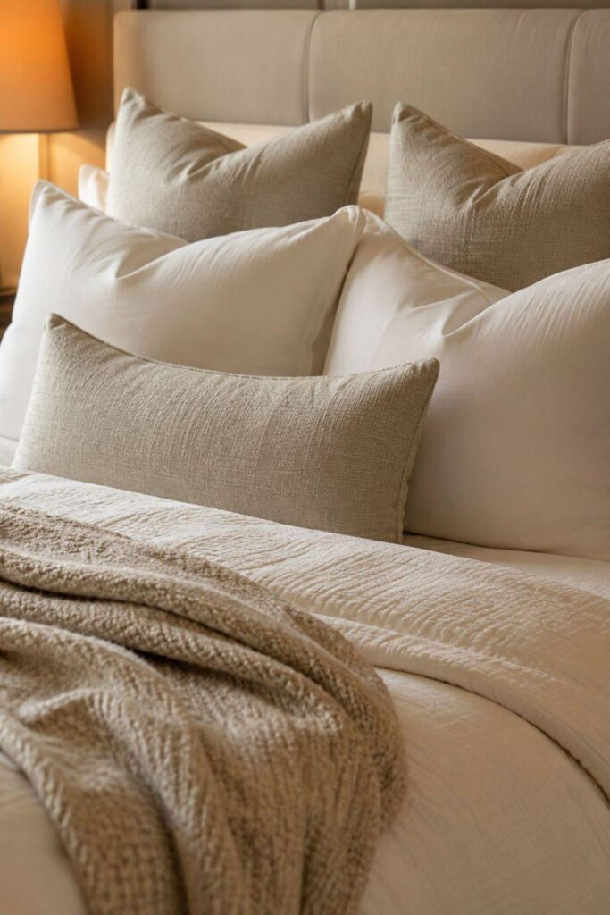 Hotel style layered bedding with oversized pillows, neutral tones and a textured throw