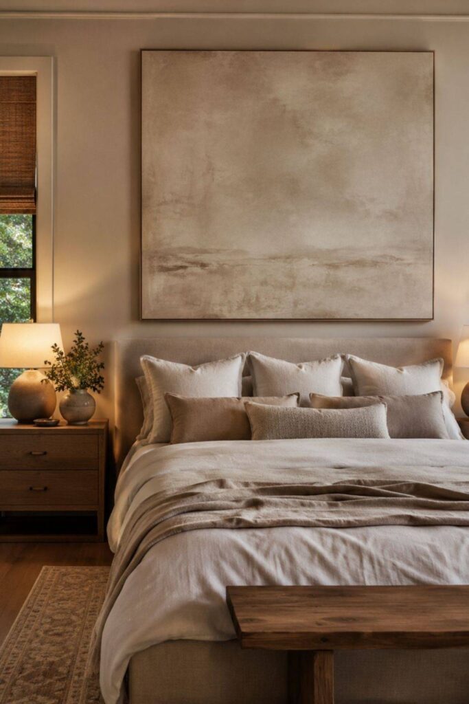Oversized neutral wall art above a warm luxury bedroom with layered bedding