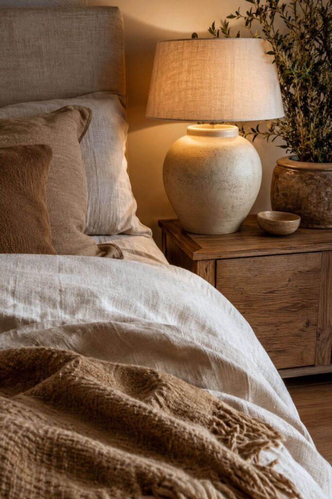 Warm bedside lamps creating a cozy luxury bedroom atmosphere with neutral bedding and timber bedside tables