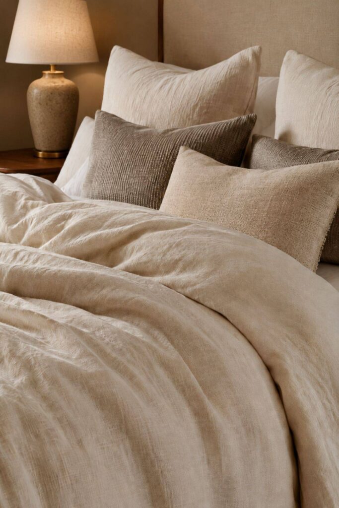 Linen-look neutral bedding styled in a warm luxury bedroom