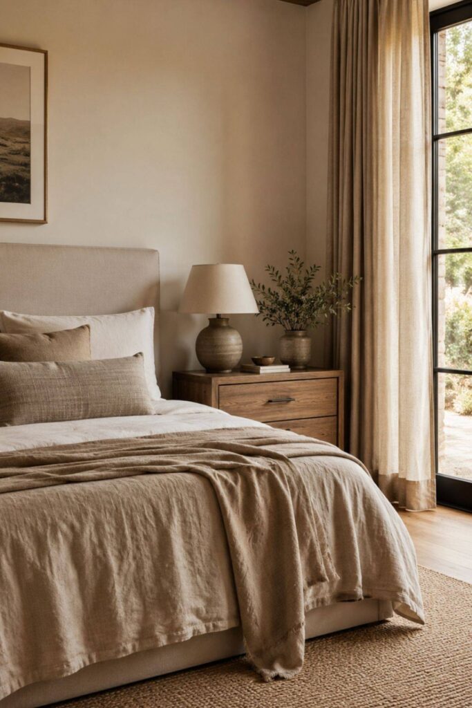 Warm neutral bedroom palette with beige bedding, timber tones and soft natural textures