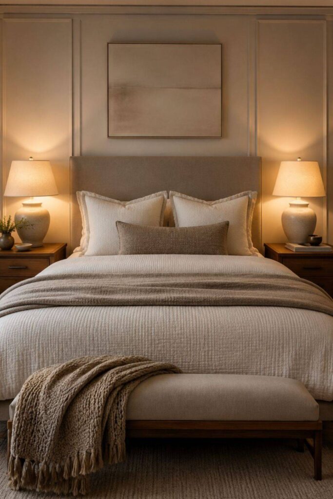 Matching warm bedside lamps in a hotel inspired luxury bedroom