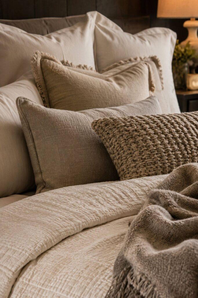 Layered bedding formula with neutral pillows and textured throw in a warm luxury bedroom