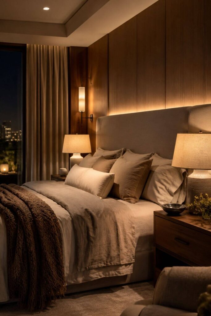 Layered bedroom lighting with bedside lamps, wall lighting and warm ambient glow in a luxury bedroom