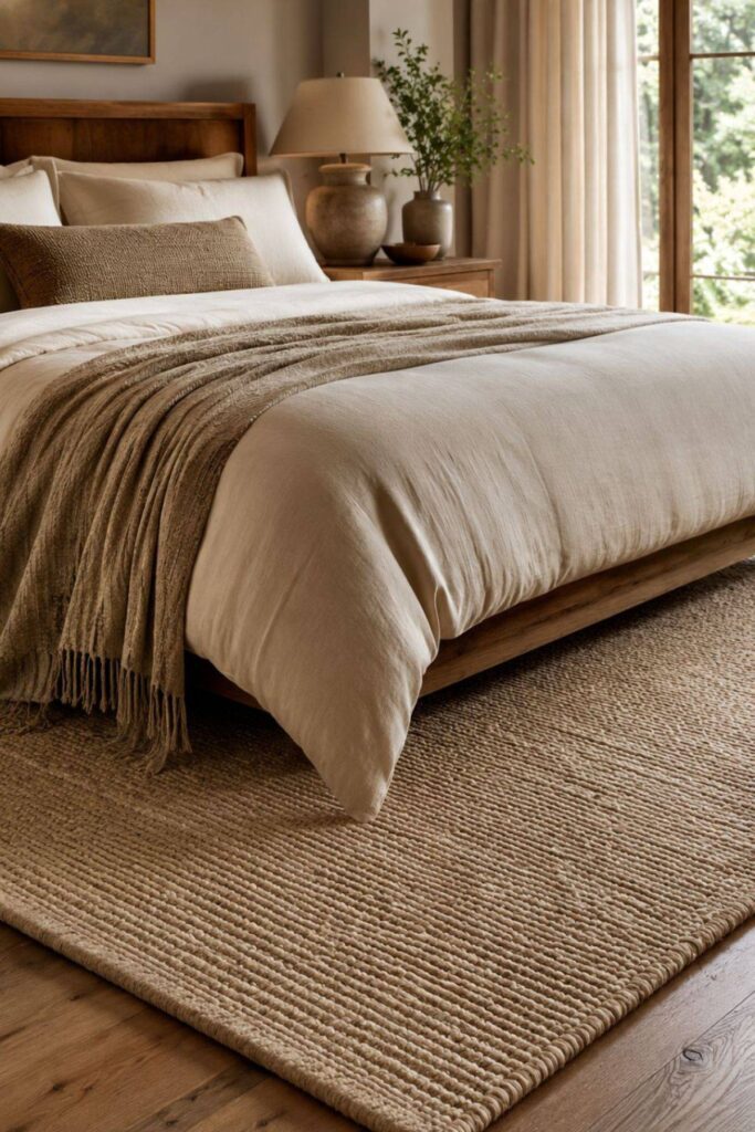 Neutral textured rug under a warm luxury bed with natural bedroom decor