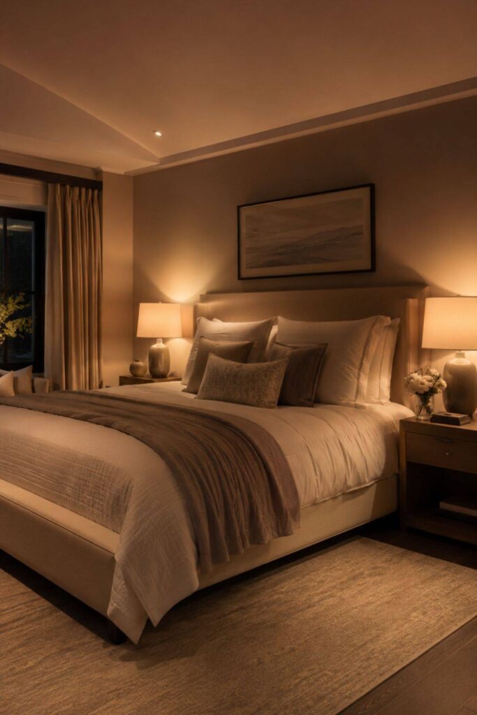 Warm layered bedroom lighting with soft bedside lamps and ambient glow