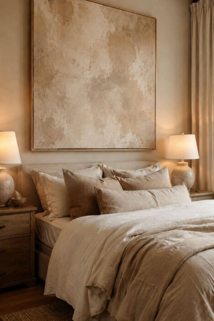 Oversized pillows and neutral cushions styled on warm luxury bedroom bedding