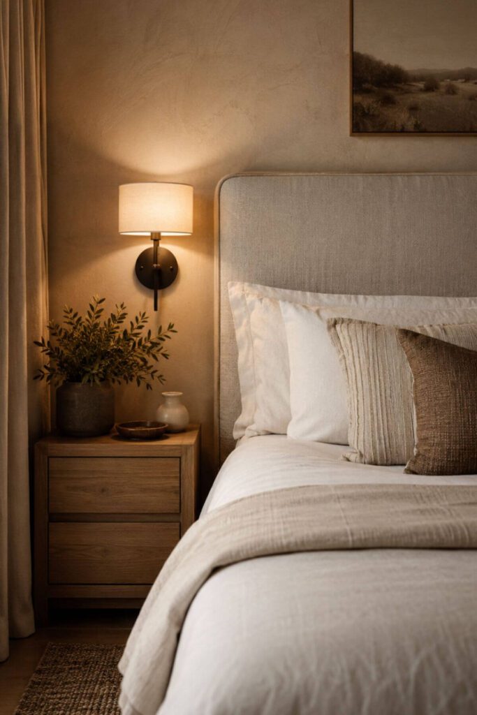 Warm bedroom wall sconces beside an upholstered bedhead creating a hotel-inspired luxury bedroom look