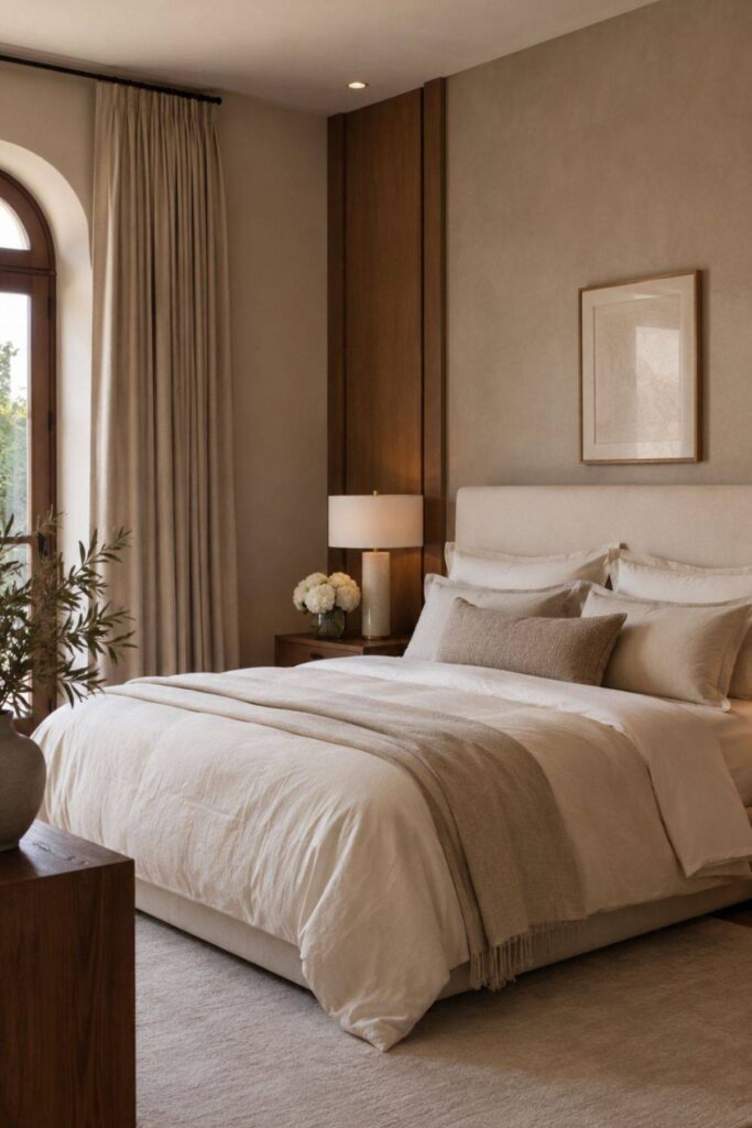Calm hotel bedroom colour palette with cream bedding, taupe tones and warm timber accents