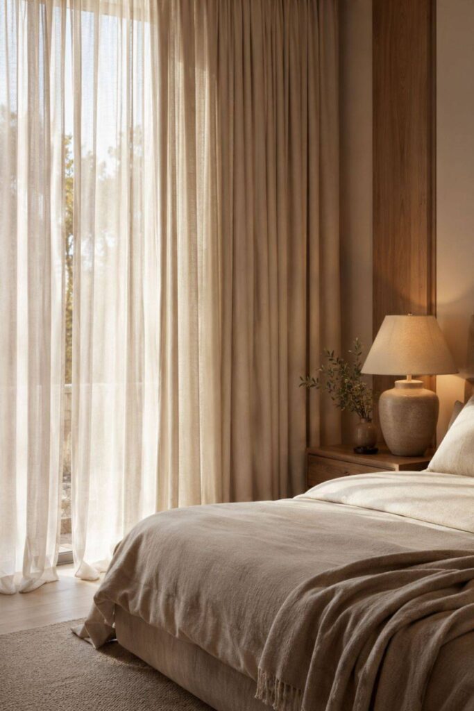 Soft neutral curtains in a warm luxury bedroom with layered bedding and natural light