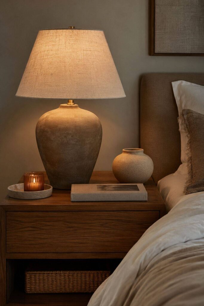 Minimal styled bedside table with lamp, tray and ceramic decor in a warm bedroom
