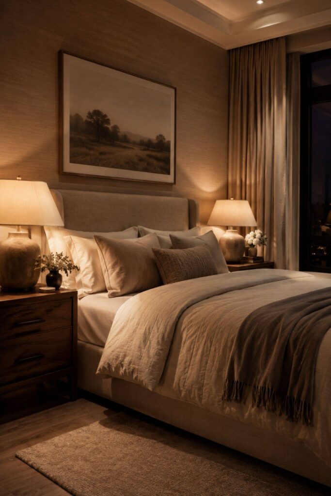 Warm bedroom lighting with bedside lamps and soft ambient glow in a luxury bedroom