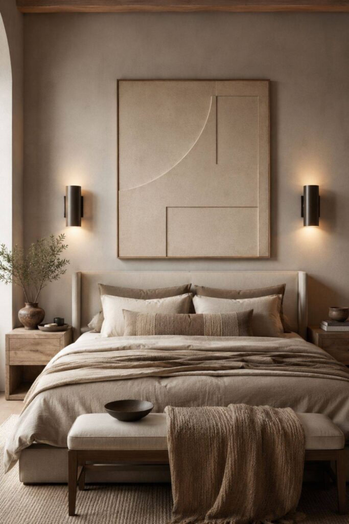 Oversized neutral wall art above a warm luxury bedroom with soft styling