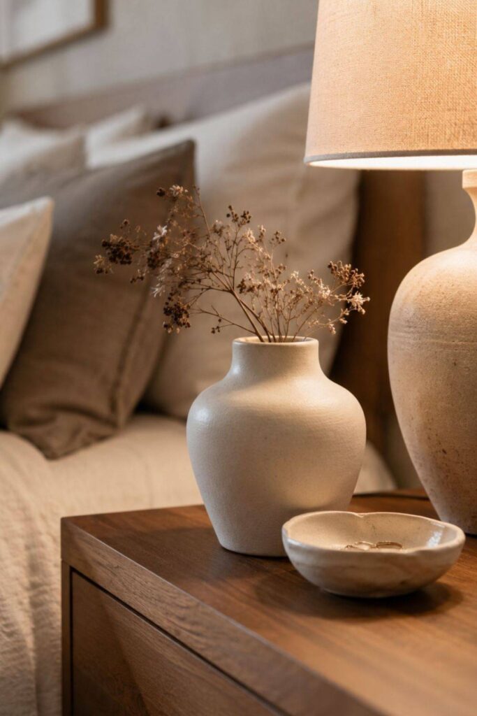 Ceramic neutral decor styled on a bedside table in a warm luxury bedroom
