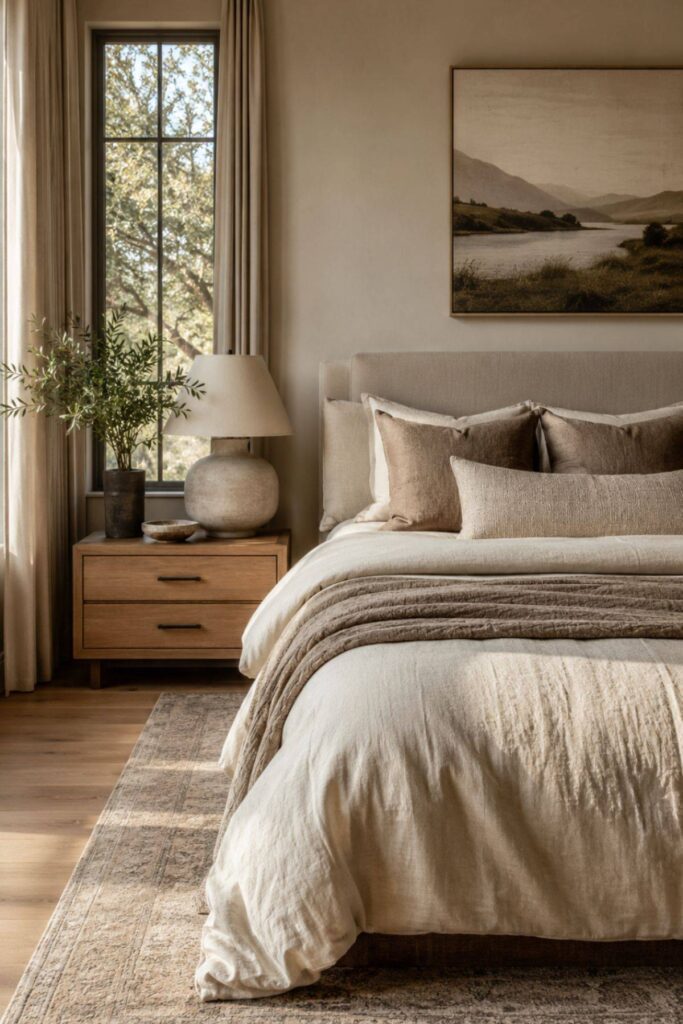 Warm neutral bedroom with cohesive colours, timber textures and layered natural materials