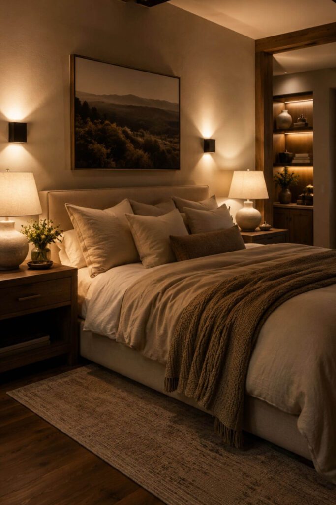 Hidden warm ambient lighting behind a bedroom headboard creating a soft modern luxury glow