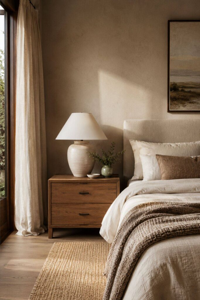 Warm luxury bedroom with natural materials including timber, linen, ceramic decor and textured bedding