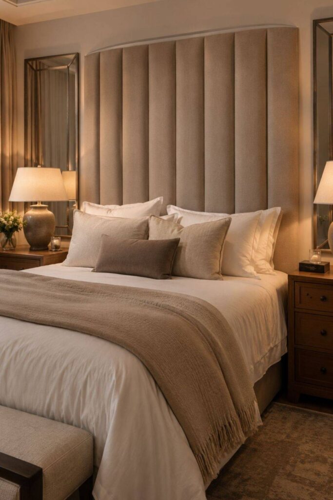 Upholstered headboard in a warm hotel inspired bedroom with neutral bedding