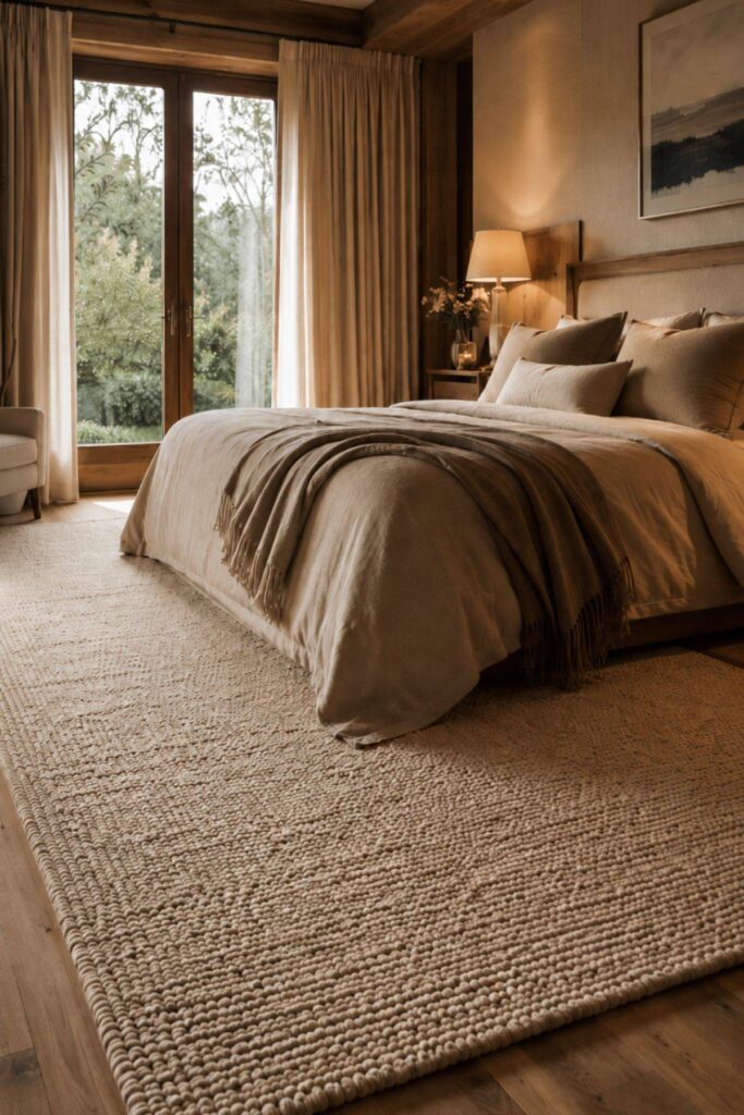 Neutral textured rug under a warm luxury bedroom with layered bedding