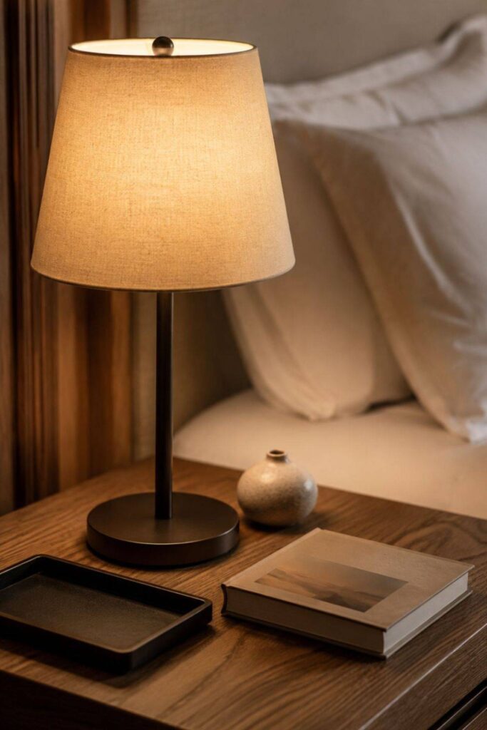 Simple hotel bedroom bedside table styling with warm lamp, book and ceramic decor