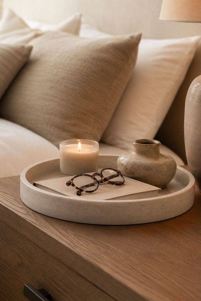 Ceramic neutral decor styled on a bedside table in a warm luxury bedroom
