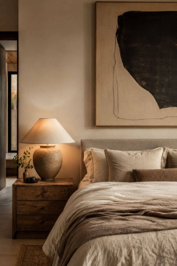Warm bedroom with oversized artwork and a statement styling element above the bed