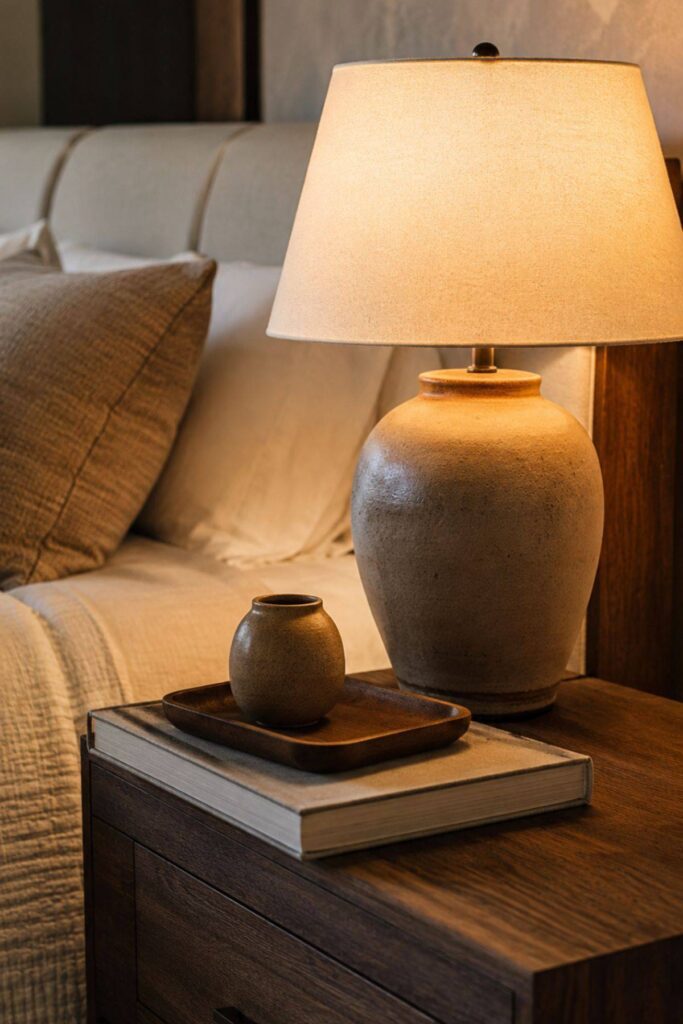 Styled bedside table with warm lamp, book, tray and ceramic decor in a luxury bedroom
