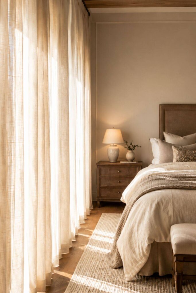 Soft neutral curtains in a warm luxury bedroom with layered bedding