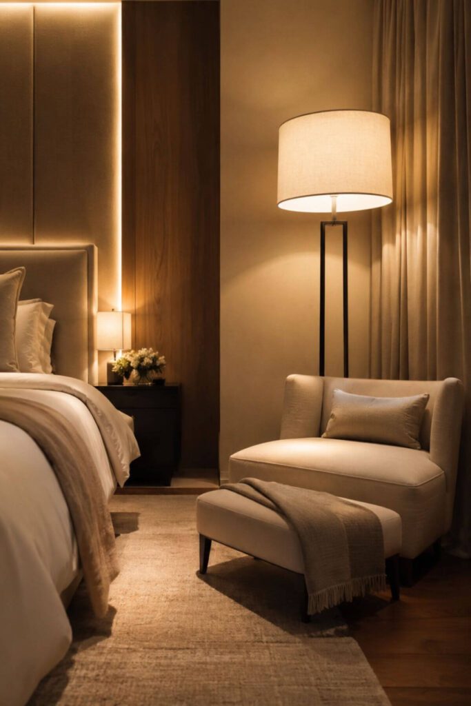 Warm floor lamp lighting in a luxury bedroom corner with soft shadows, neutral tones and cozy layered ambiance