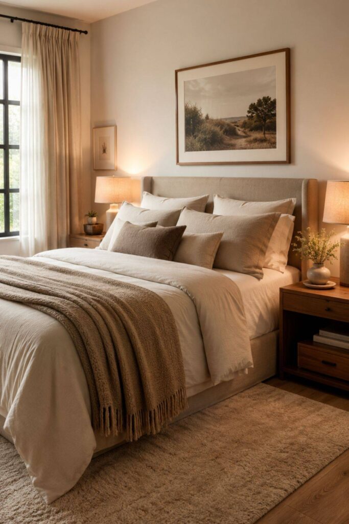 Finished warm luxury bedroom with layered bedding, soft lighting and calm neutral styling