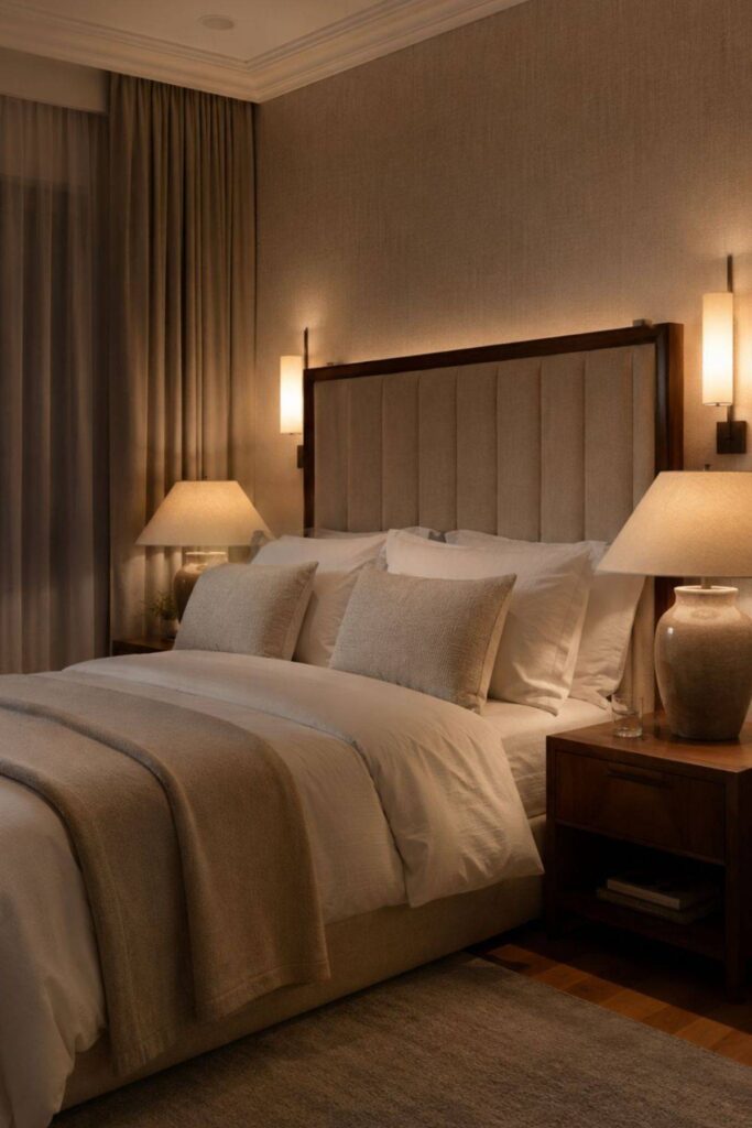Layered hotel bedroom lighting with bedside lamps, wall sconces and warm ambient glow