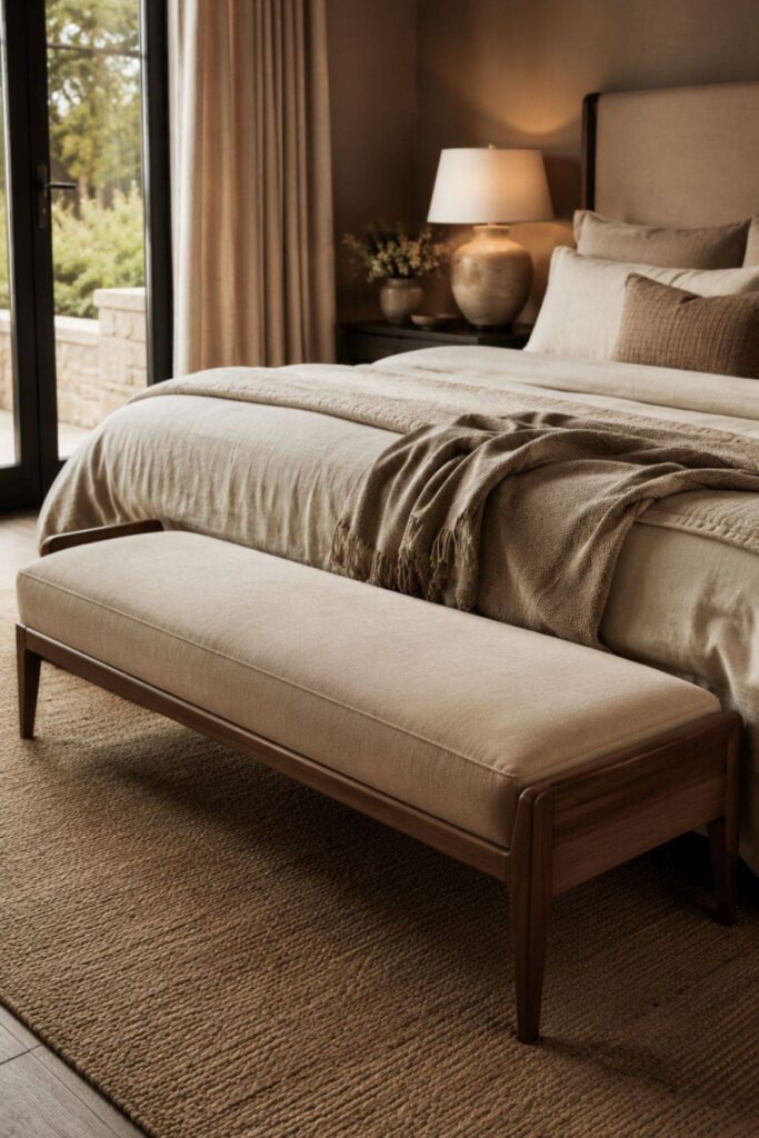 Neutral bench at the end of a warm luxury bed with layered bedding