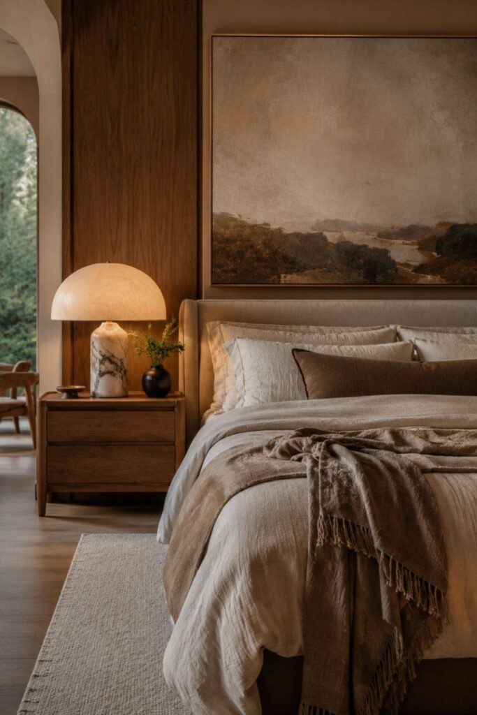 Warm luxury bedroom with oversized artwork and layered neutral styling