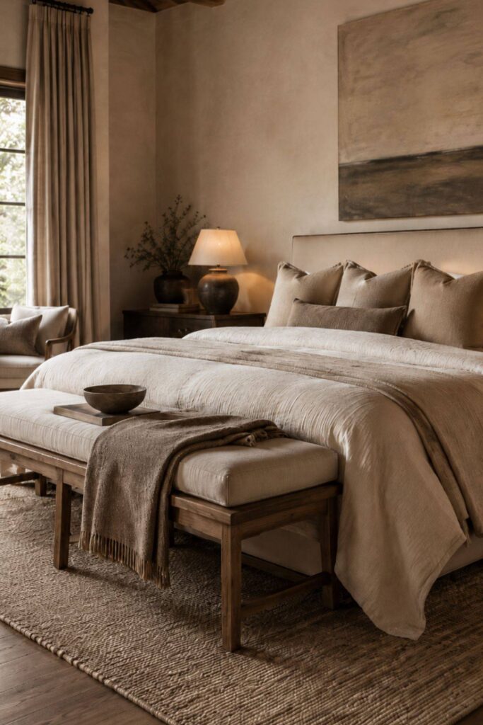 Neutral bench at the end of a warm luxury bed with layered bedding, textured throw and soft bedroom styling