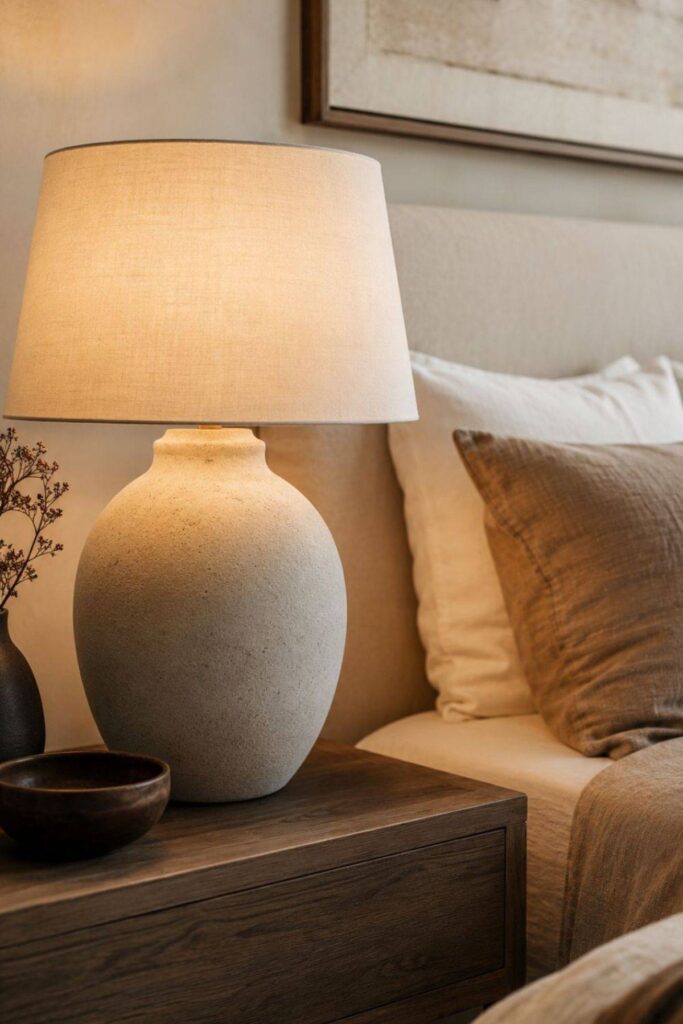 Sculptural ceramic lamp styled in a warm neutral bedroom with soft luxury decor