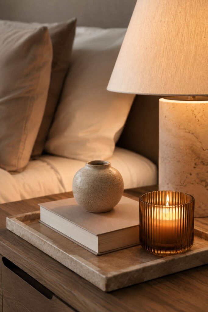 Simple bedside decor with tray, book and ceramic object in a warm luxury bedroom