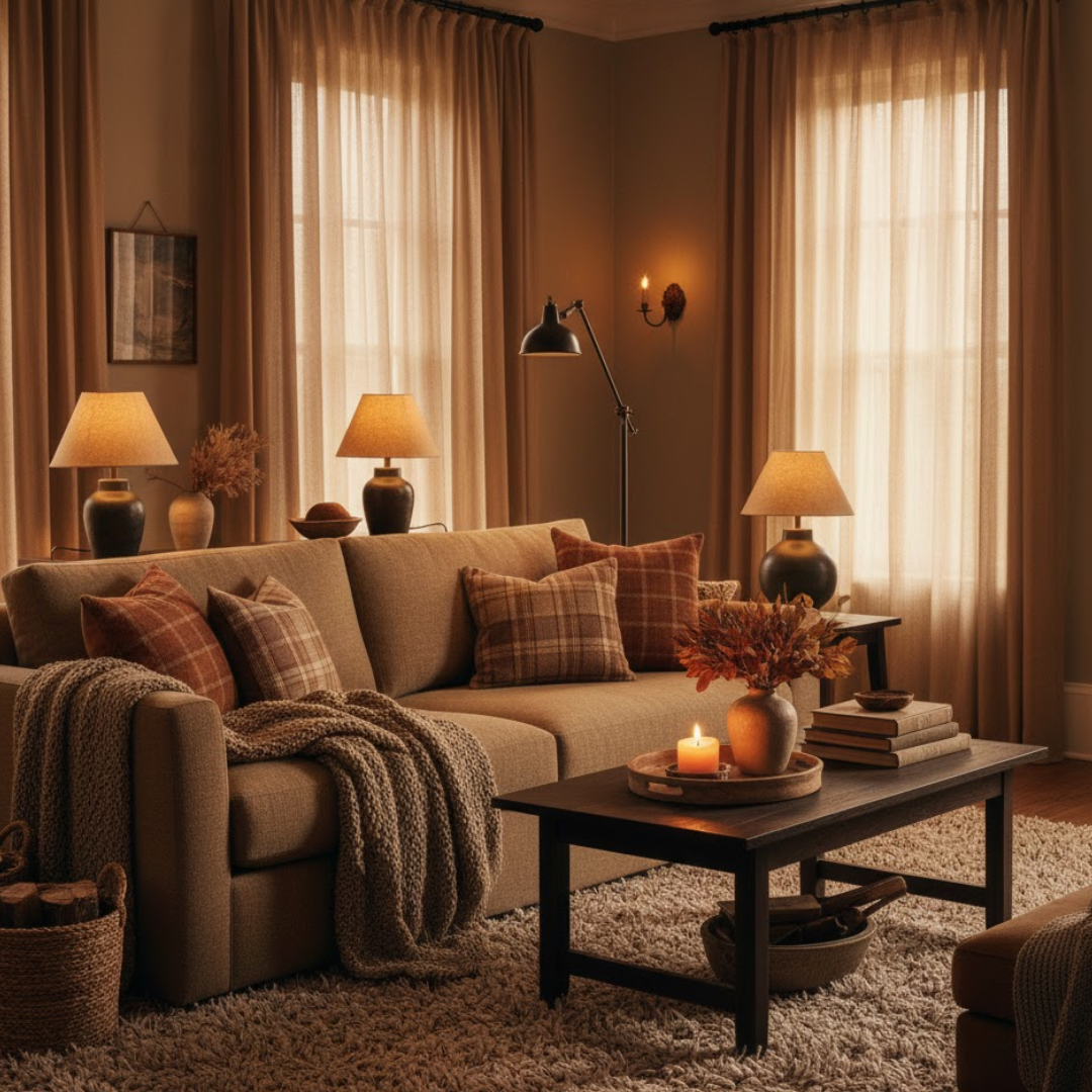 Cozy living room styled with layered lighting, candles, and comfortable furnishings