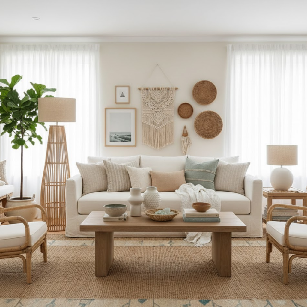 Beachy boho coastal living room with layered textures, rattan accents, neutral tones, and relaxed coastal decor