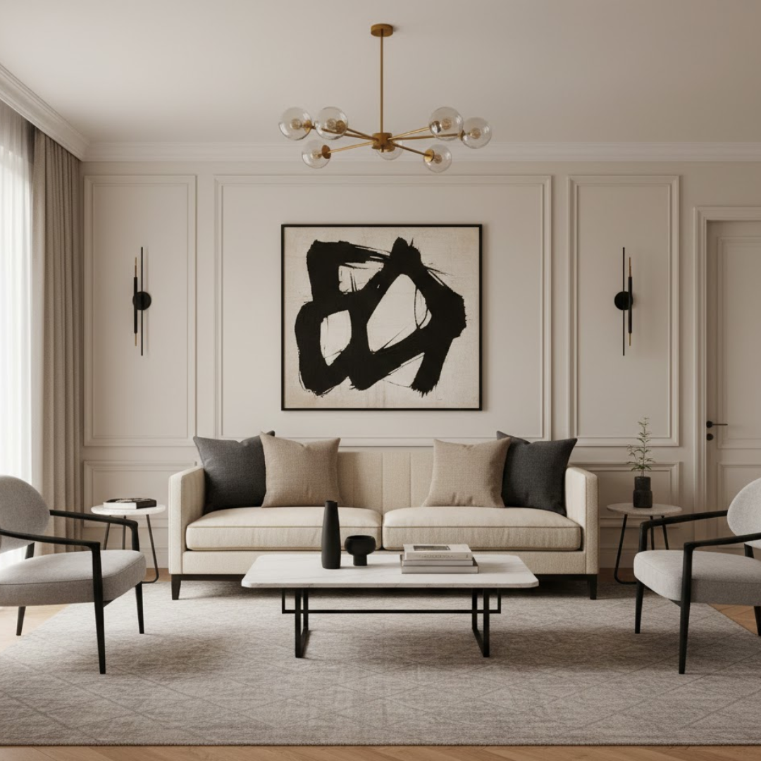 Contemporary modern classic living room styled with balanced layout, soft lighting, and neutral furnishings