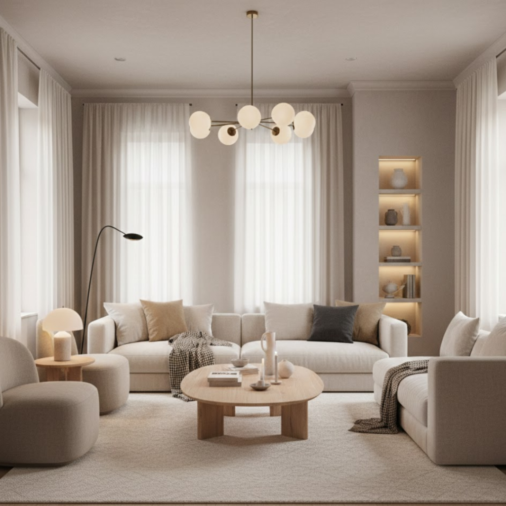 Contemporary Scandinavian Hygge living room with layered lighting and soft neutral textures.