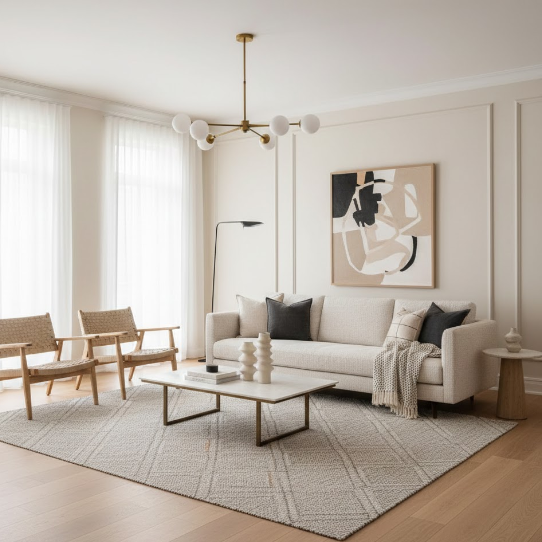 Contemporary transitional living room furniture with tailored sofa and refined accents