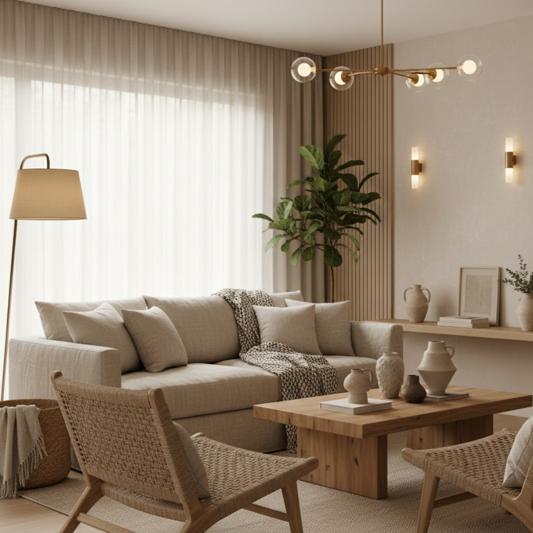 Modern organic cozy living room styled with layered lighting, ceramics, and comfortable furnishings