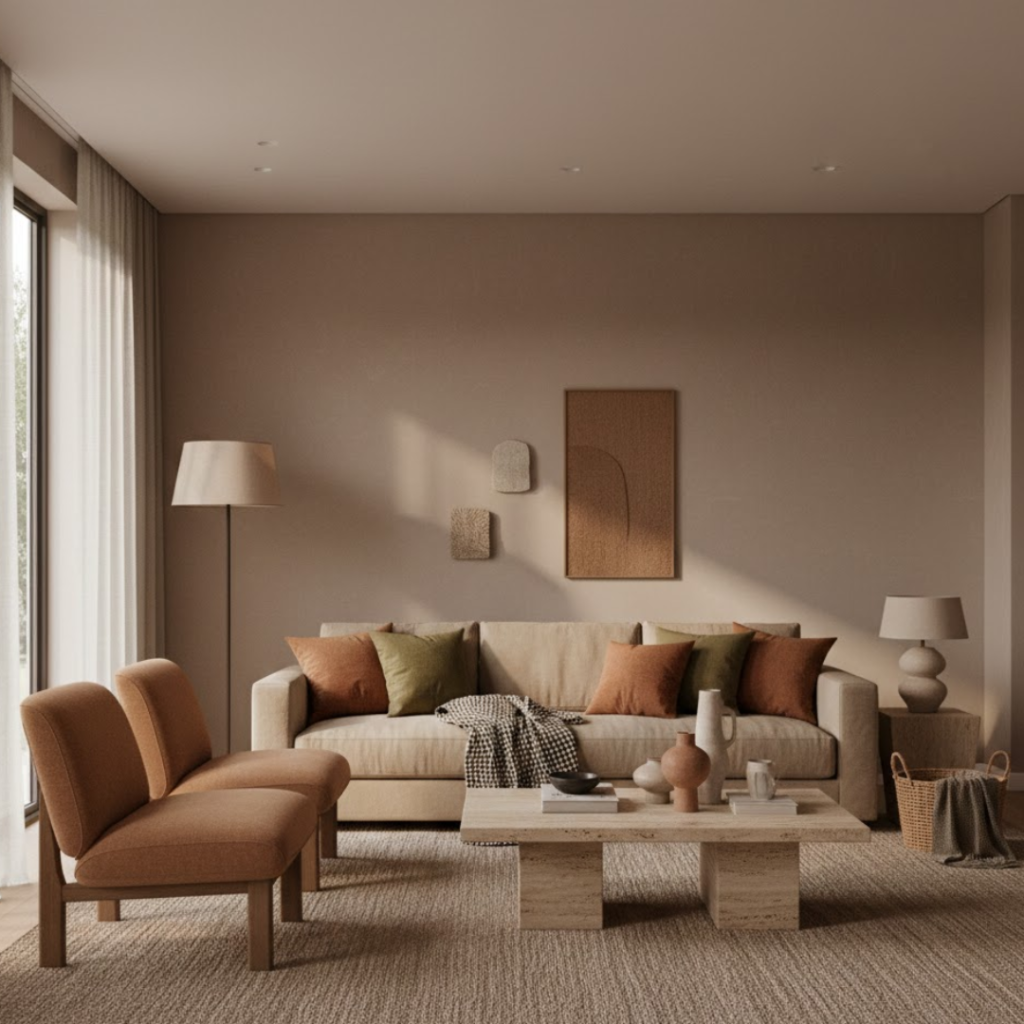 Earth Haven - Warm modern living room ideas colour palette featuring soft neutrals and earthy accent tones