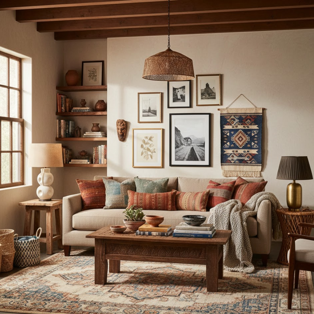 Eclectic Bohemian Living room with cozy textures, natural wood furniture, and layered rugs.