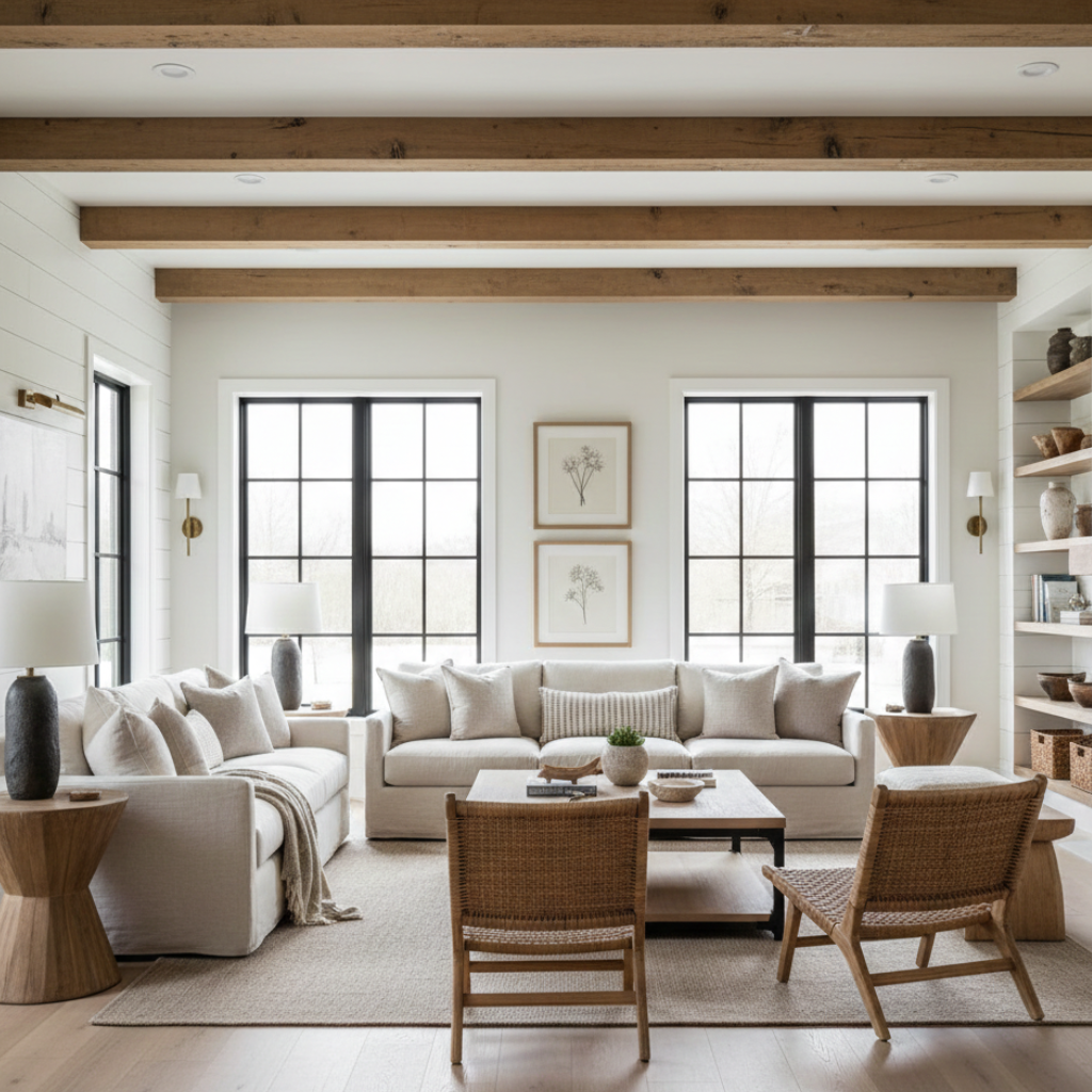 Modern farmhouse living room textures with wood beams, stone surfaces, and minimal farmhouse decor